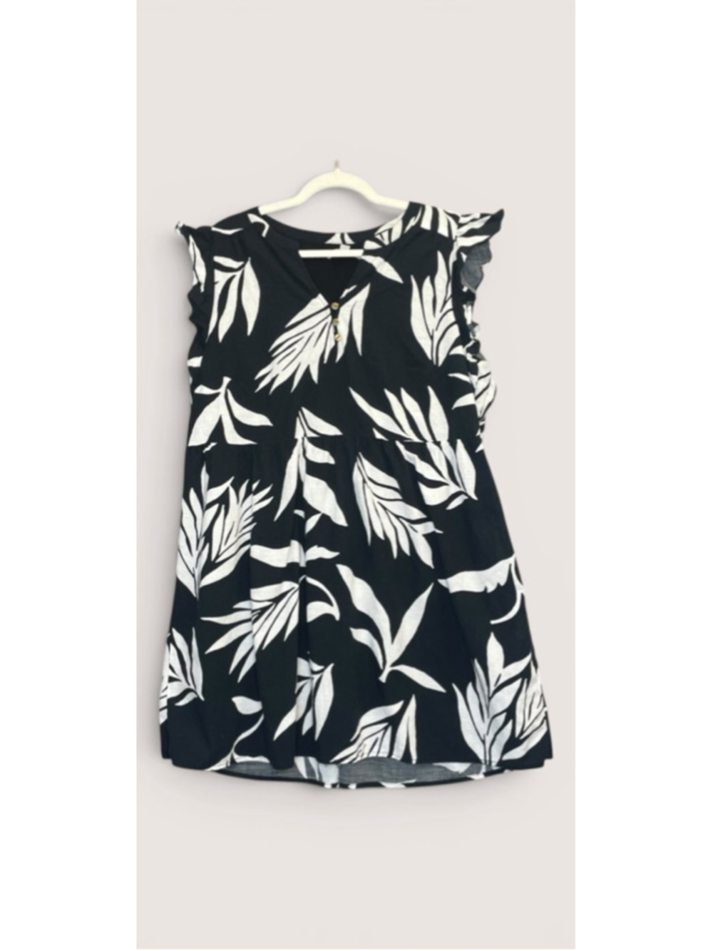 LOFT Black White Tropical Leaf Flutter Sleeve Babydoll Top dress XL